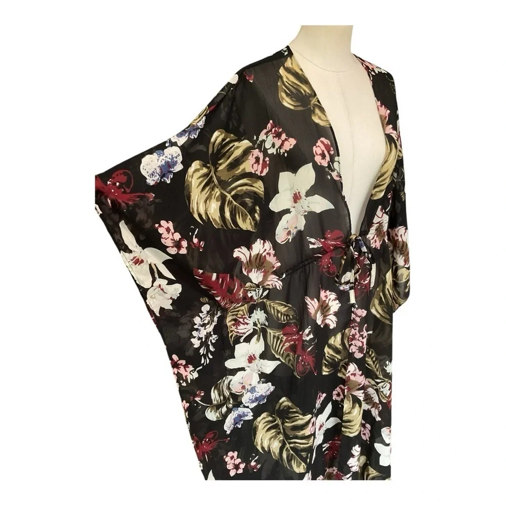 Boho Sheer Black Floral Tie Front Beach Vacation Layer